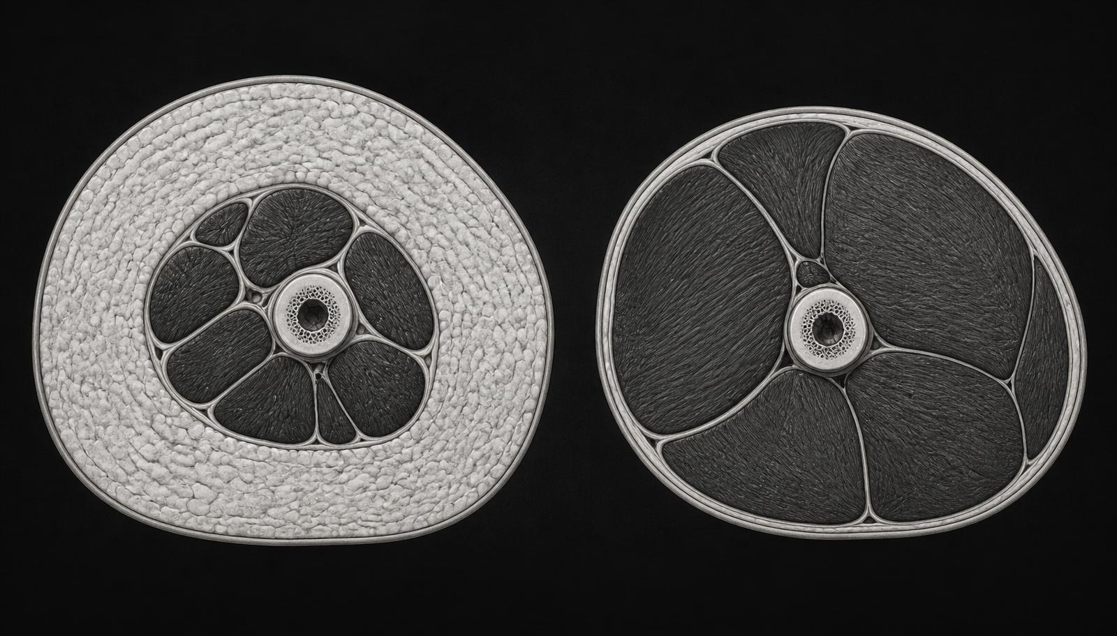 Illustrative cross-section comparison of two upper thighs at the same age — one showing thick adipose tissue and shrunken muscle, the other showing dense muscle filling the leg.
