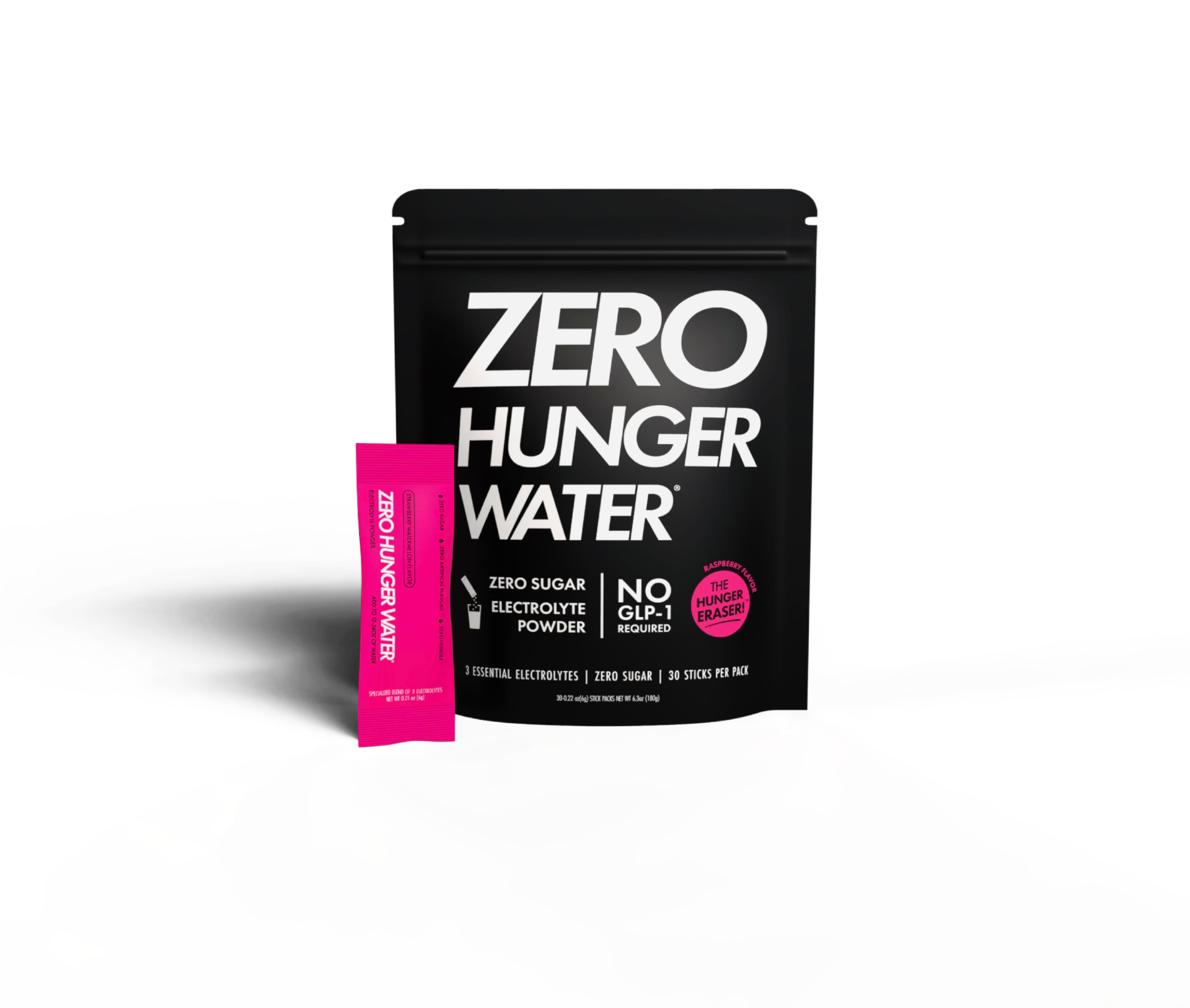 Zero Hunger Water pouch with pink raspberry electrolyte stick packets