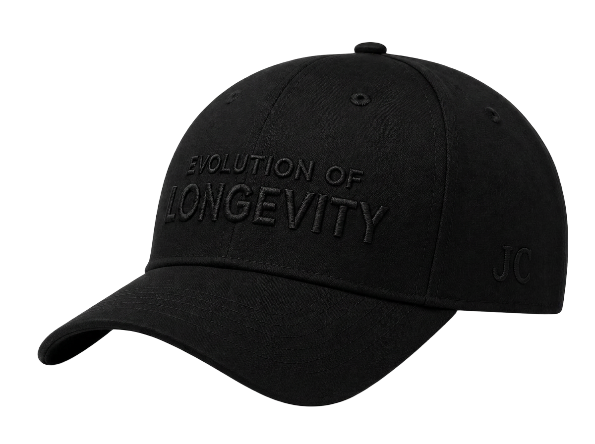 Evolution of Longevity black-on-black embroidered cap — forthcoming Jorge Cruise merchandise