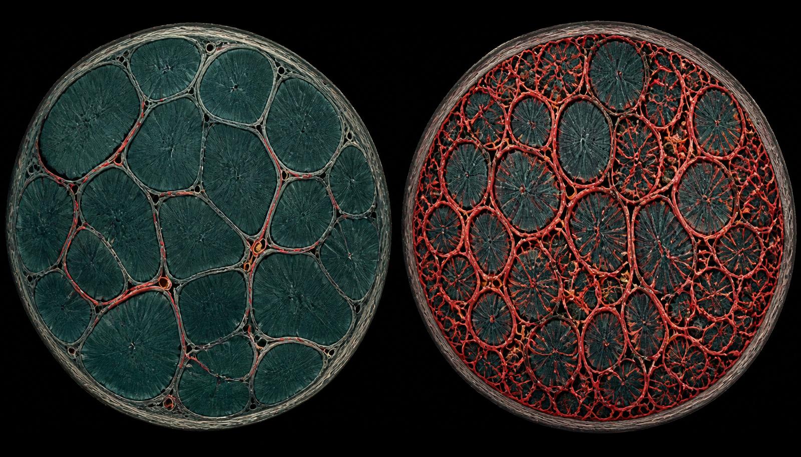 Illustrative cross-section comparison of skeletal muscle — one showing sparse capillaries around the muscle fibers, the other showing a dense capillary network delivering far more oxygen.