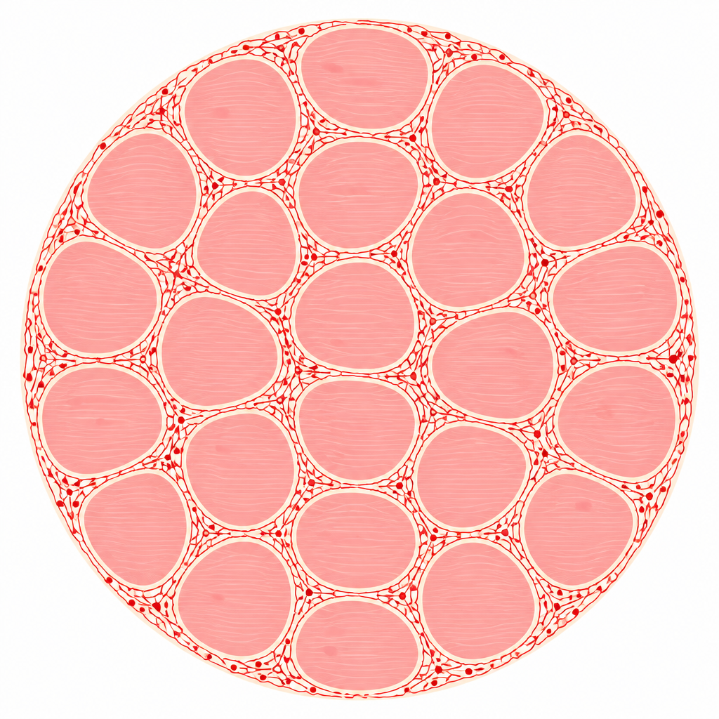 Cross-section of endurance-trained skeletal muscle — the same fibres wrapped in a dense red capillary network delivering far more oxygen.