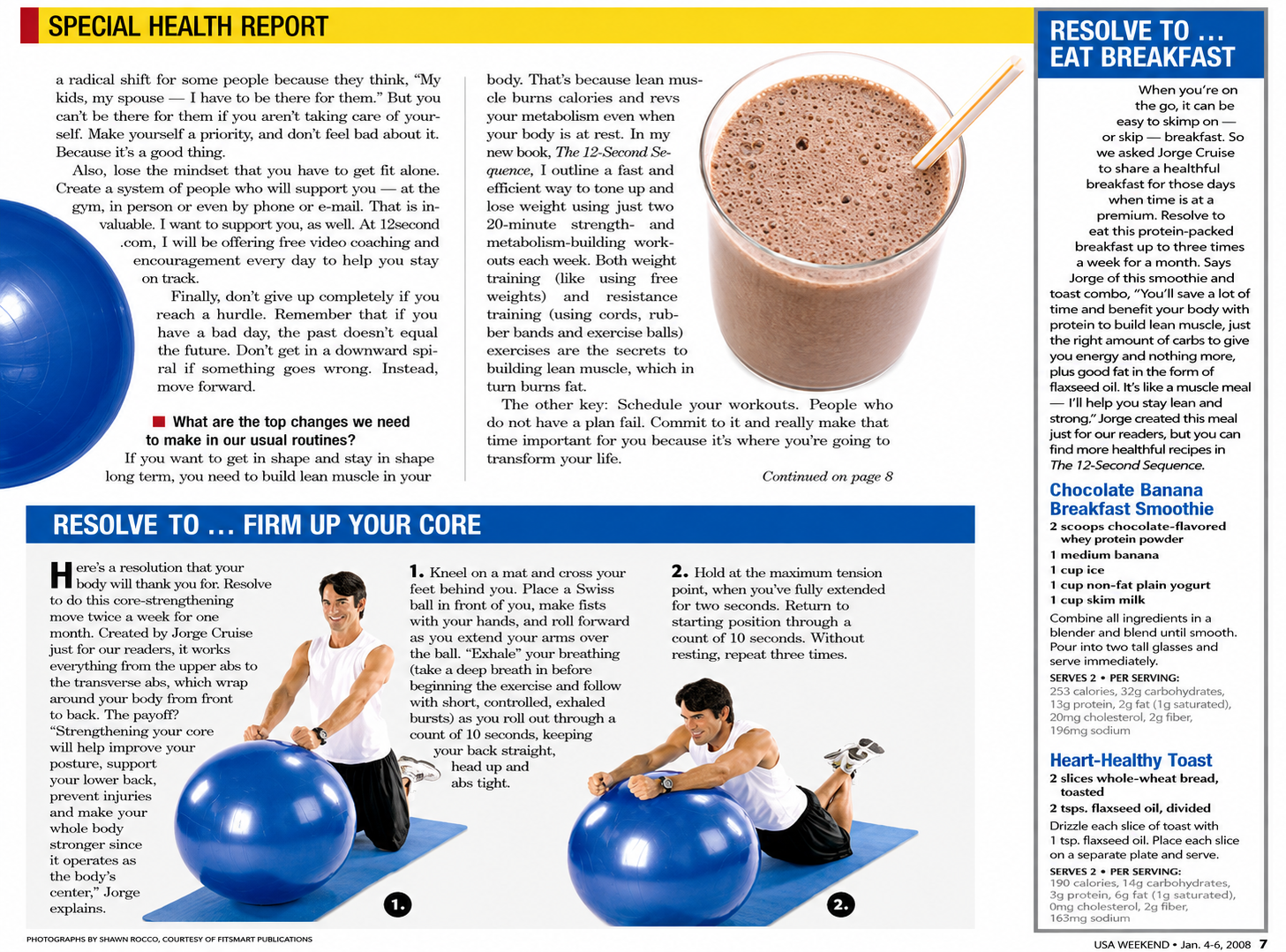 USA WEEKEND page 7 — Firm Up Your Core Swiss ball exercise and the Resolve to Eat Breakfast smoothie recipe