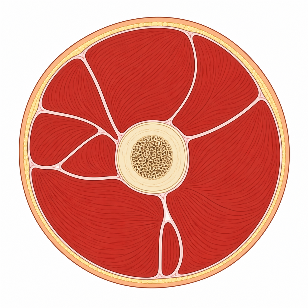 Cross-section of a resistance-trained thigh — dense red muscle filling the leg, a thin fat ring, and a thicker bone shaft.