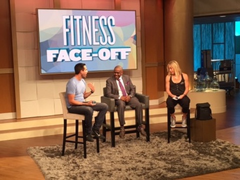 Jorge Cruise and Lacey Stone with Steve Harvey during the Fitness Face-Off segment