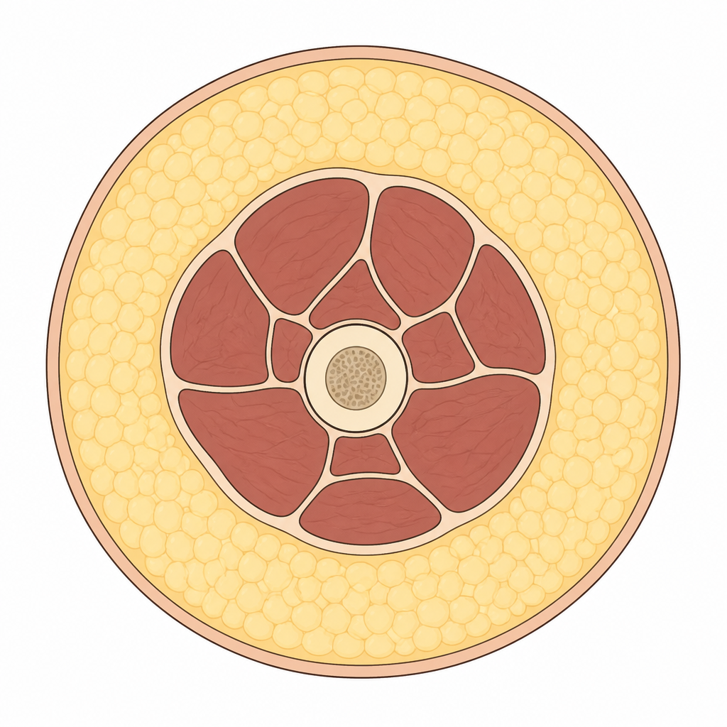 Cross-section of a sedentary thigh — a thick pale ring of body fat surrounding shrunken muscle and a thin bone.