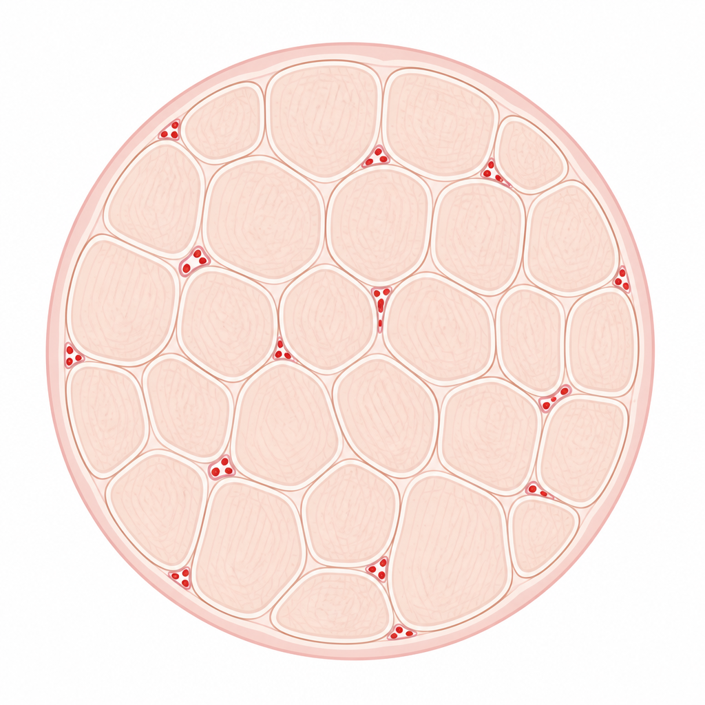 Cross-section of non-endurance-trained skeletal muscle — pale, oxygen-starved fibres with only a sparse network of capillaries.