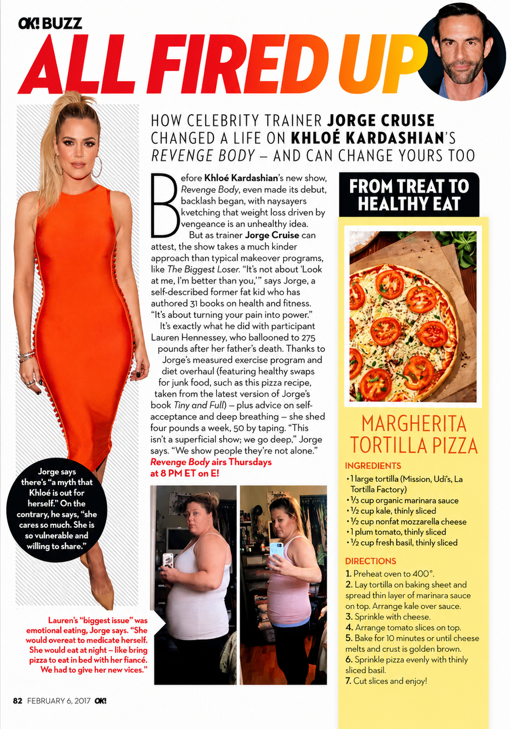 OK! Magazine feature, All Fired Up — Khloé Kardashian in an orange dress with Jorge Cruise's Revenge Body pizza recipe