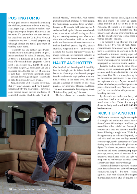 Inside spread of San Diego Magazine's May 2009 fitness feature with Jorge Cruise in the gym