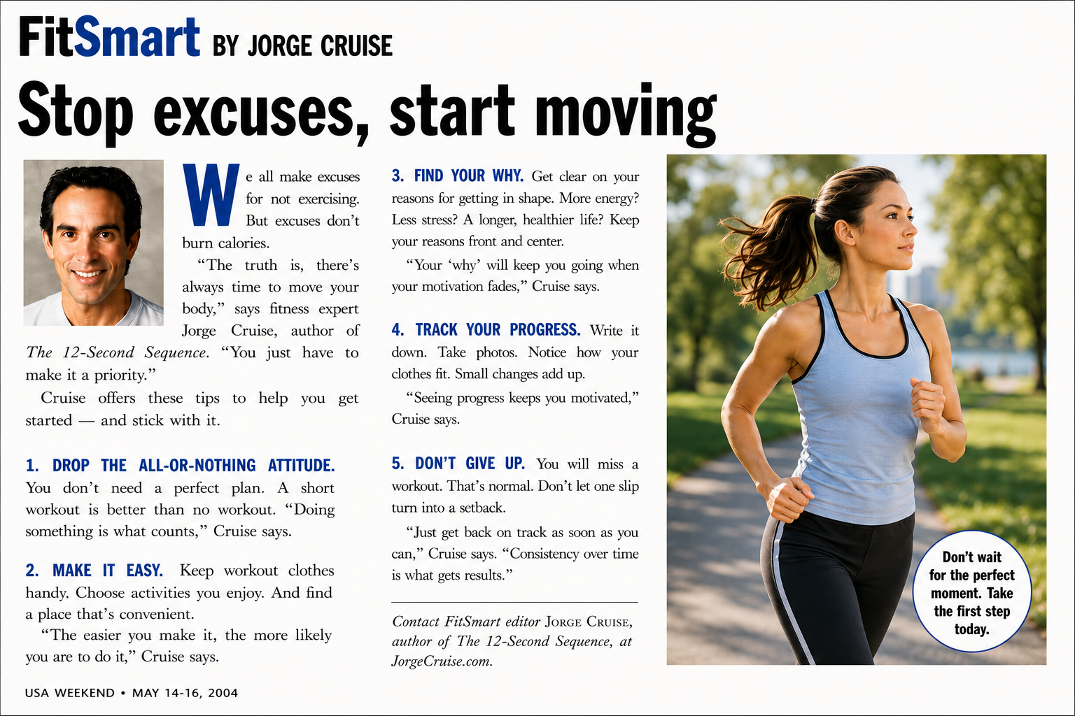 FitSmart by Jorge Cruise — “Stop excuses, start moving,” USA WEEKEND, May 14–16, 2004