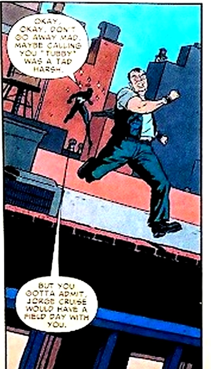 Comic panel: Spider-Man tells a thug, but you gotta admit, Jorge Cruise would have a field day with you