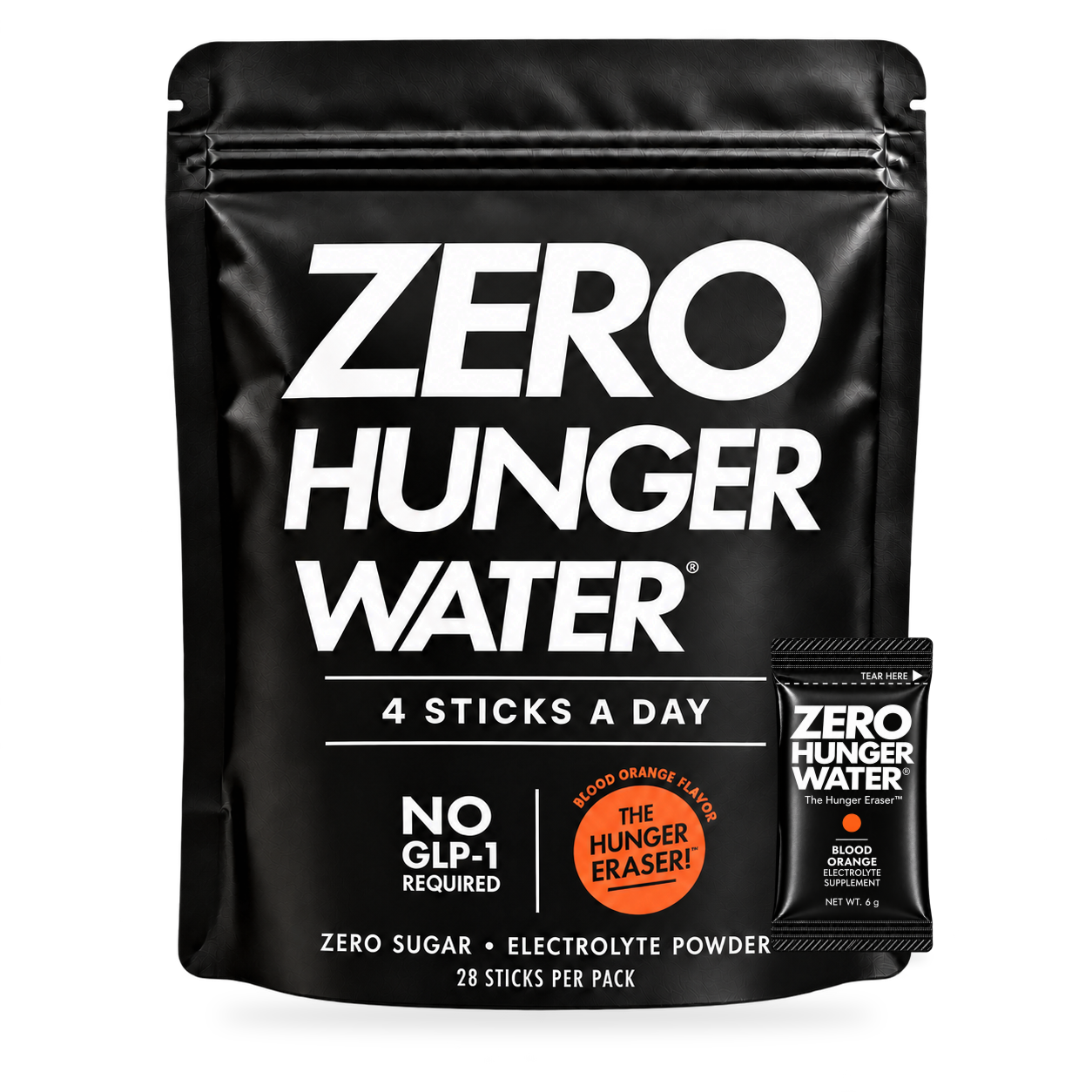 Zero Hunger Water Blood Orange pouch and original electrolyte stick