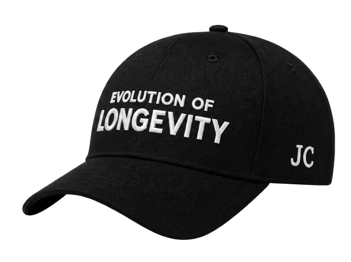 Evolution of Longevity black cap with white embroidered lettering and JC initials — forthcoming Jorge Cruise merchandise
