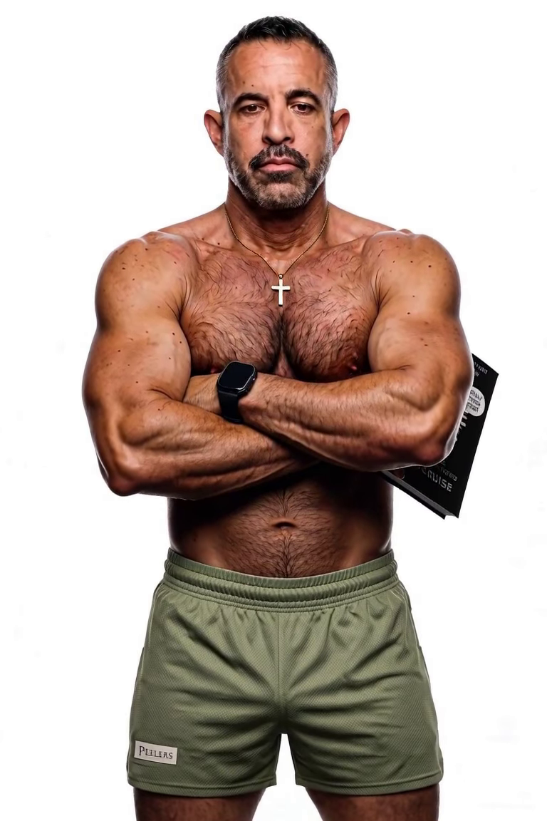 Jorge Cruise, shirtless with arms crossed, holding MORE TIME PROTOCOL